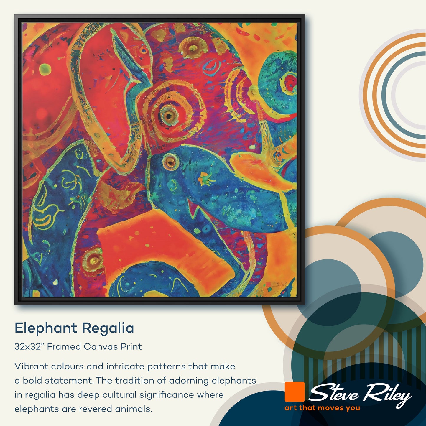 32x32" Framed Canvas: "Elephant Regalia"