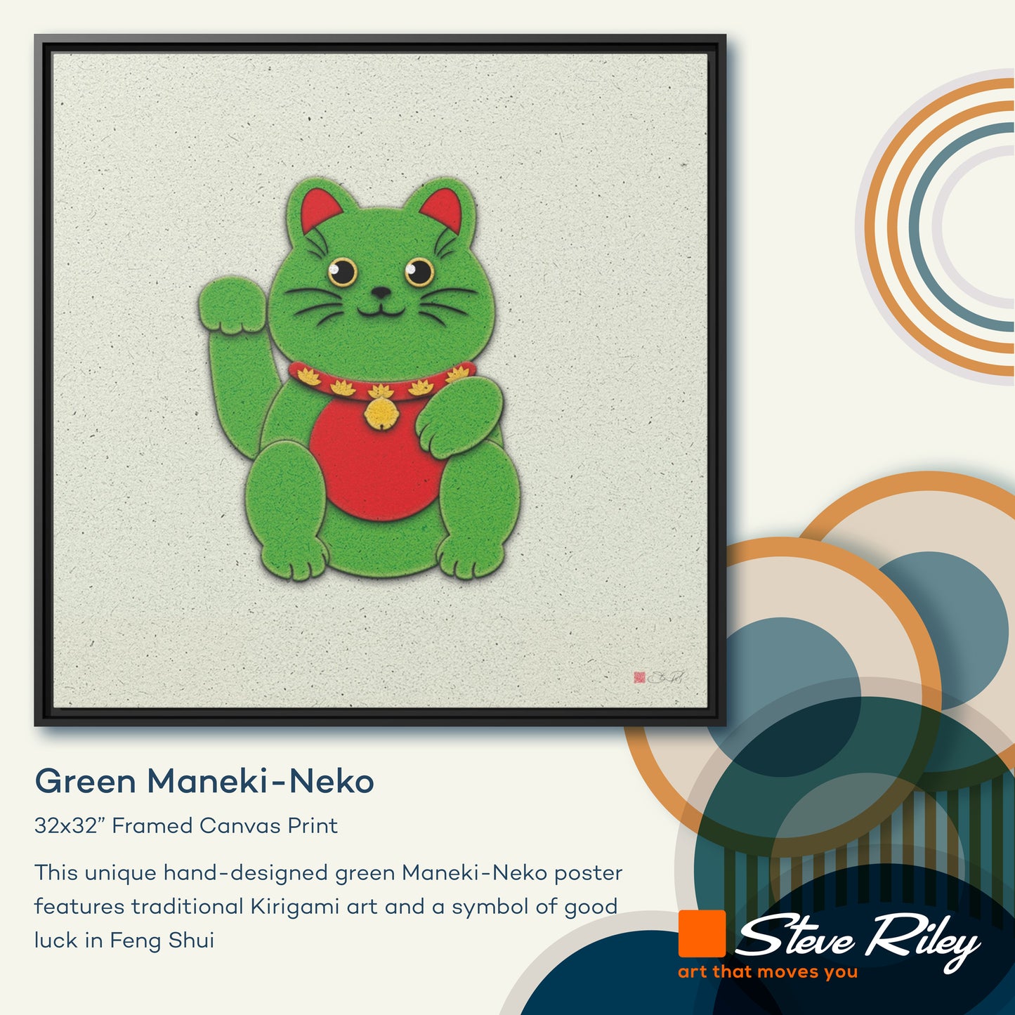 32x32" Framed Canvas: "Green Maneki-Neko"