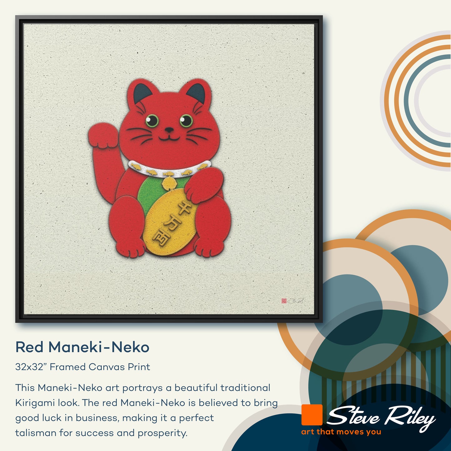 32x32" Framed Canvas: "Red Maneki-Neko"