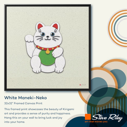 32x32" Framed Canvas: "White Maneki-Neko"