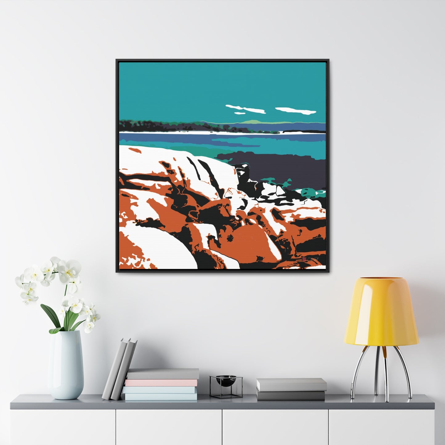 36x36" Framed Canvas Print: "Bay of Fires"