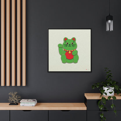 32x32" Framed Canvas: "Green Maneki-Neko"