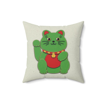 Green Maneki-Neko Spun Polyester Square Pillow