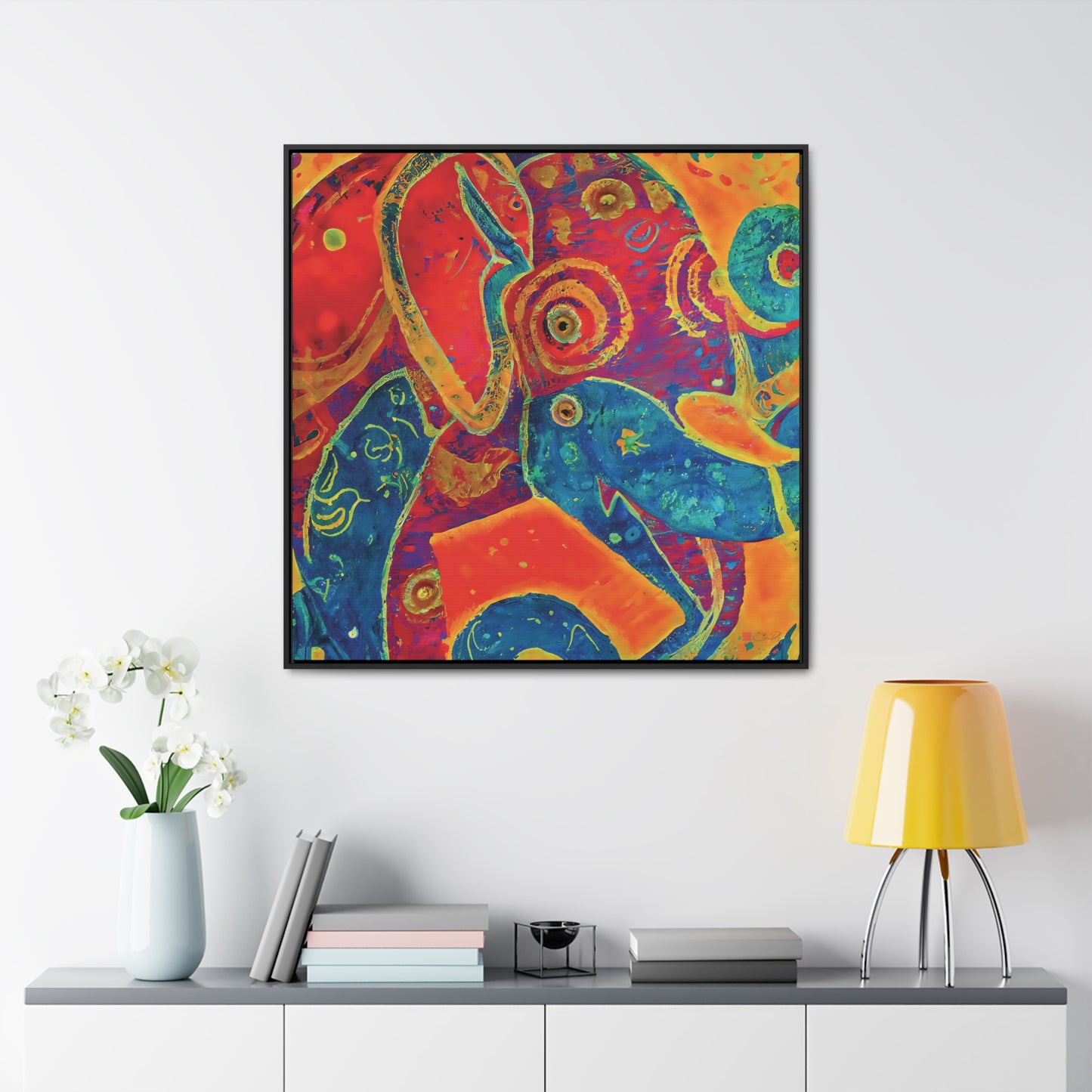 36x36" Framed Canvas Print: "Elephant Regalia"