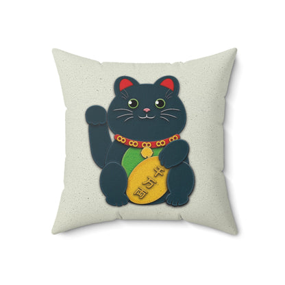 Black Maneki-Neko Spun Polyester Square Pillow