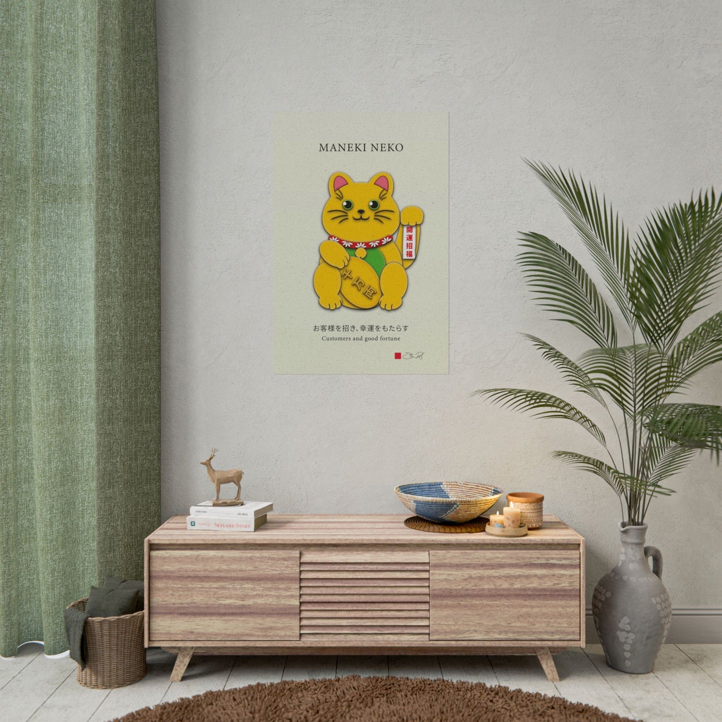 Gold Left Paw Maneki-Neko Kirigami Style Art Rolled Posters