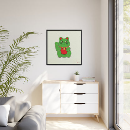 32x32" Framed Canvas: "Green Maneki-Neko"