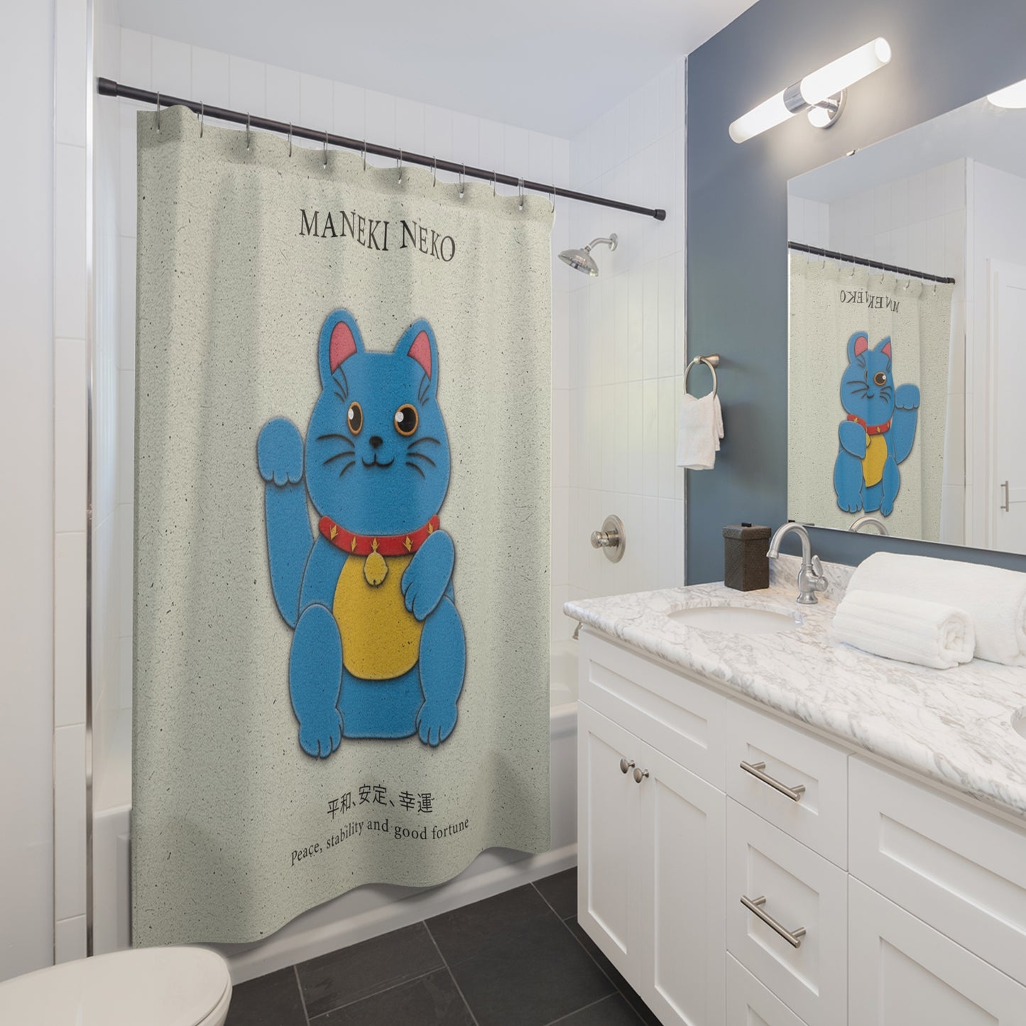 Blue Maneki-Neko Bringing Peace, Stability Shower Curtain