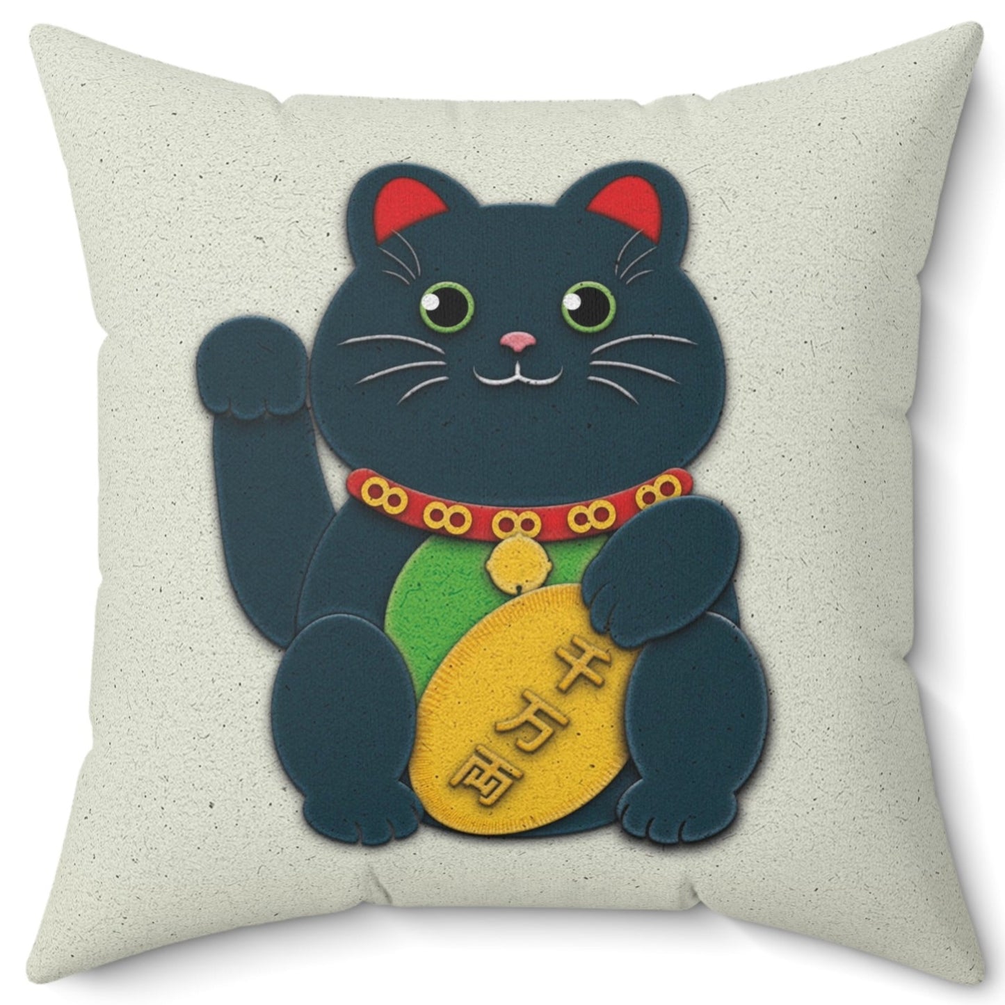 Black Maneki-Neko Spun Polyester Square Pillow