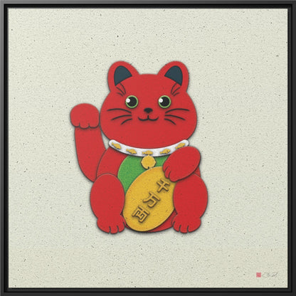 32x32" Framed Canvas: "Red Maneki-Neko"