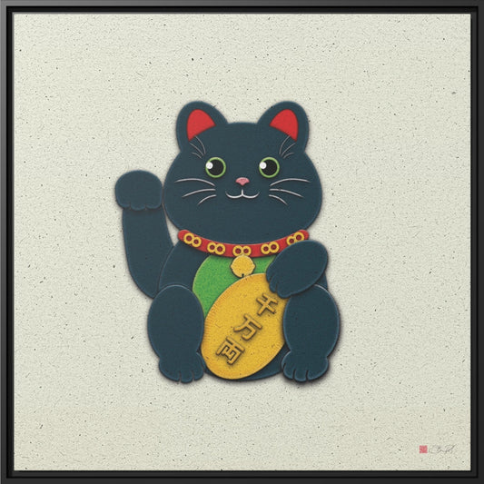 32x32" Framed Canvas: "Black Maneki-Neko"