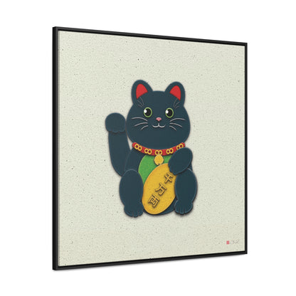 36x36" Framed Canvas Print: "Black Maneki-Neko Protection"