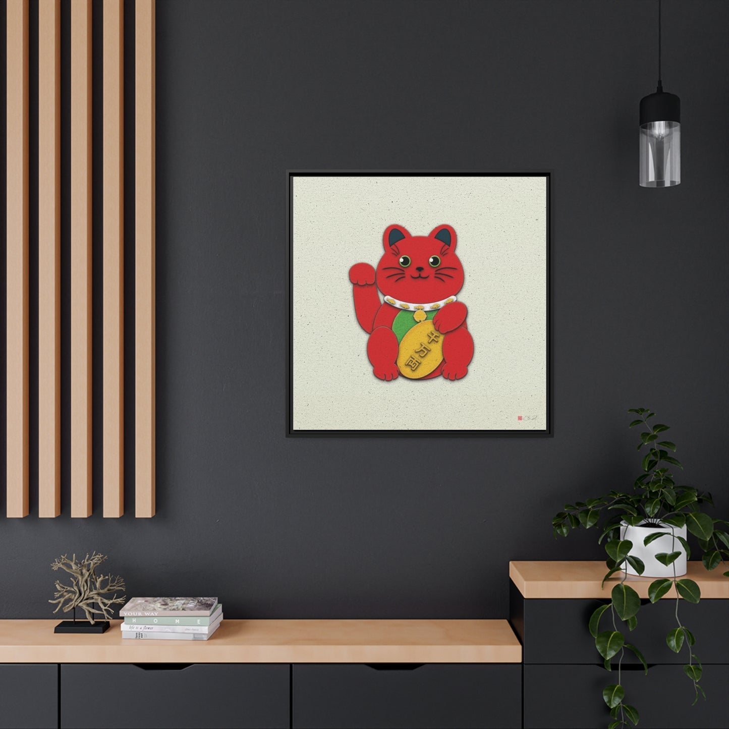 32x32" Framed Canvas: "Red Maneki-Neko"