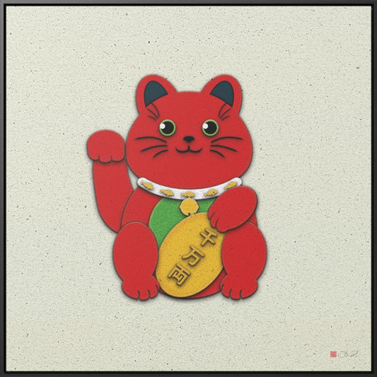 36x36" Framed Canvas Print: "Red Maneki-Neko"