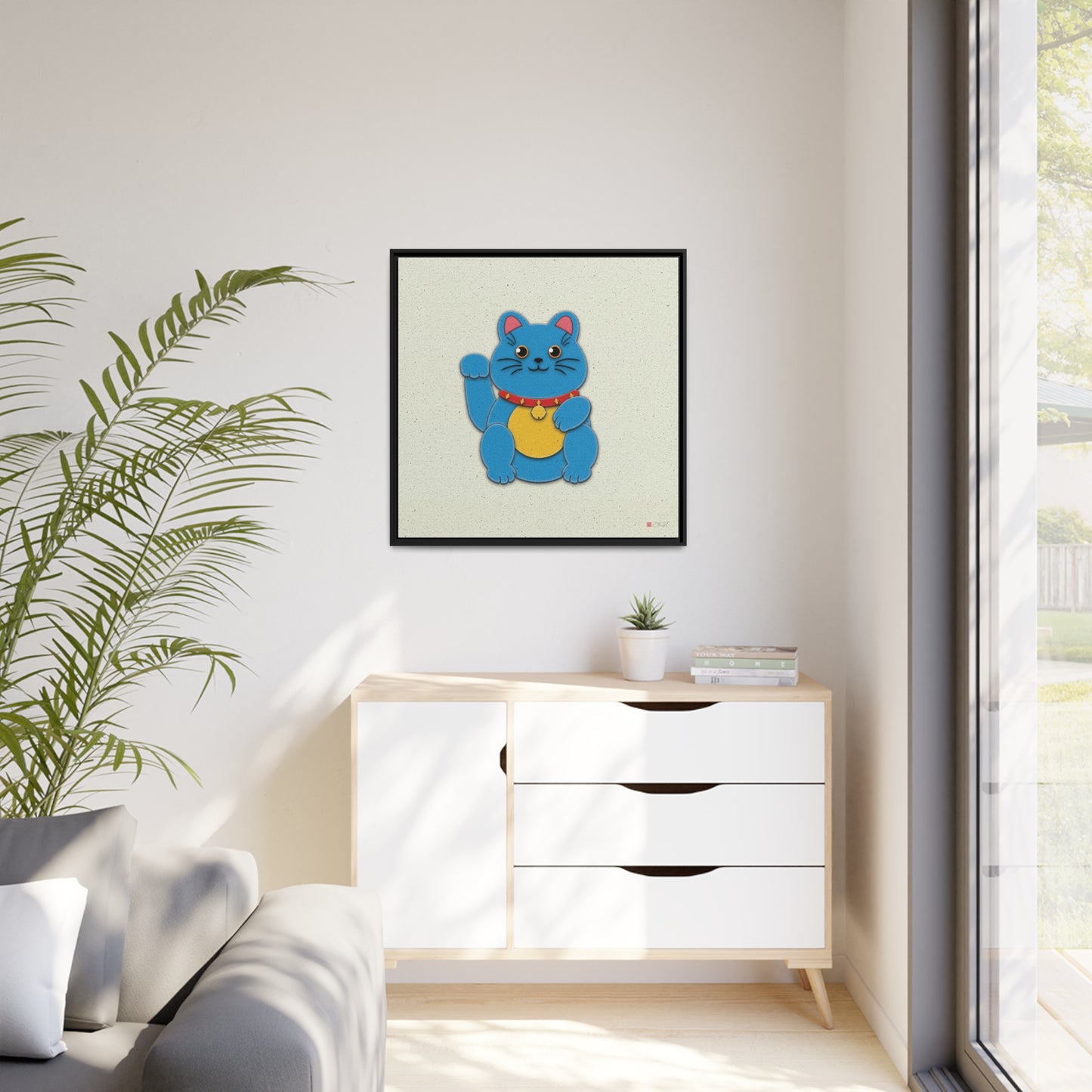 32x32" Framed Canvas: "Blue Maneki-Neko"