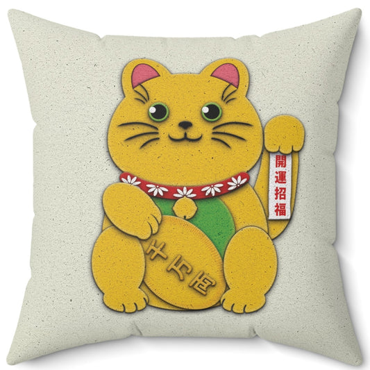 Gold Left Paw Maneki-Neko Spun Polyester Square Pillow