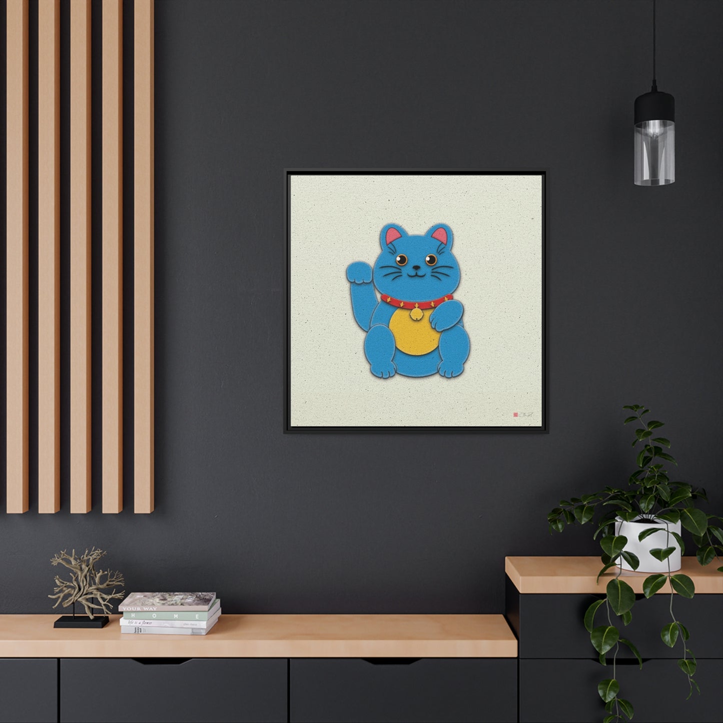 32x32" Framed Canvas: "Blue Maneki-Neko"