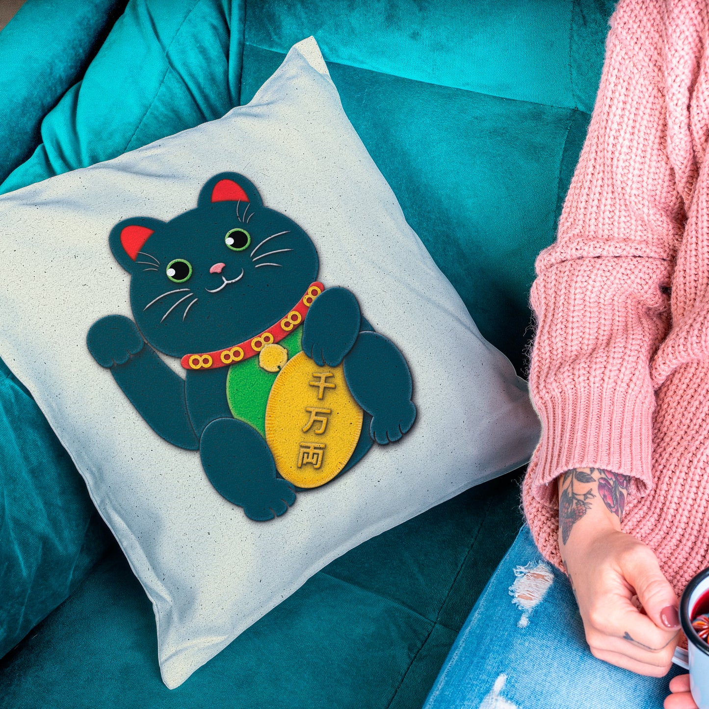 Black Maneki-Neko Spun Polyester Square Pillow