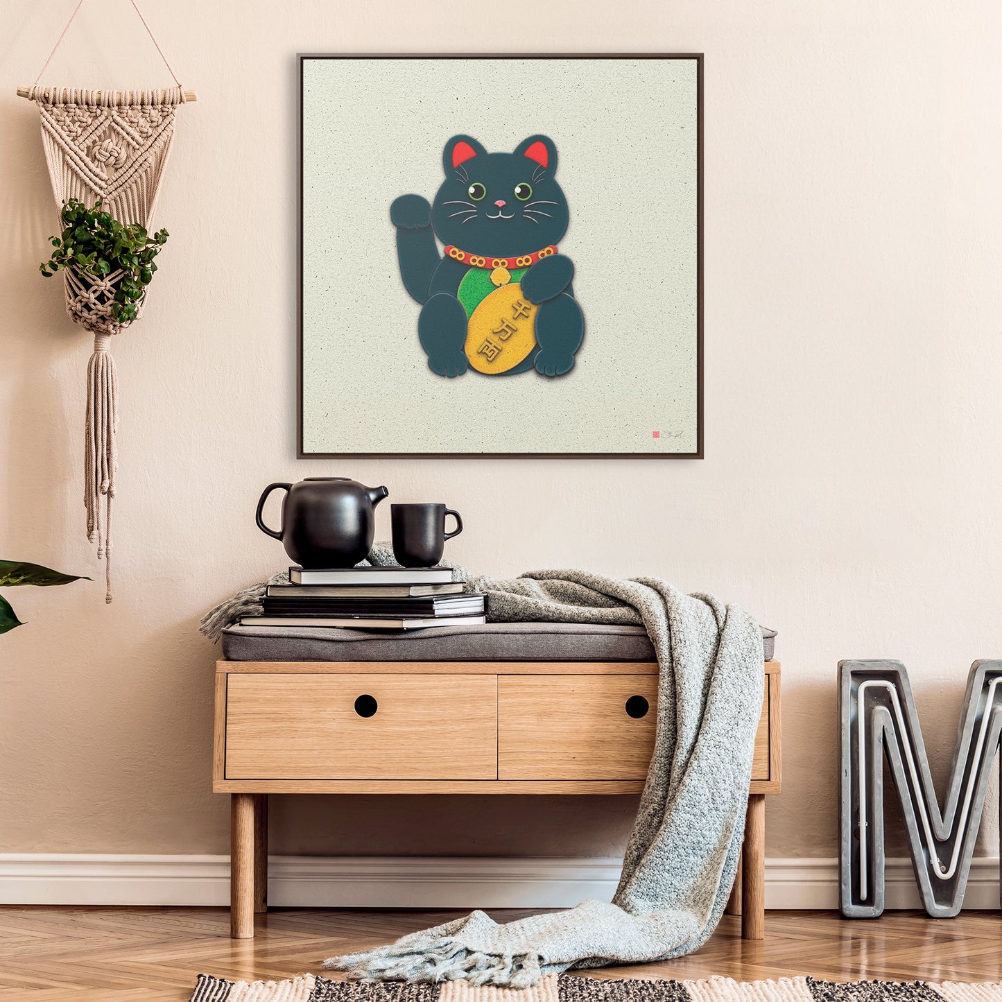 36x36" Framed Canvas Print: "Black Maneki-Neko Protection"