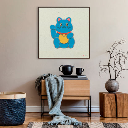 36x36" Framed Canvas Print: "Blue Maneki-Neko"