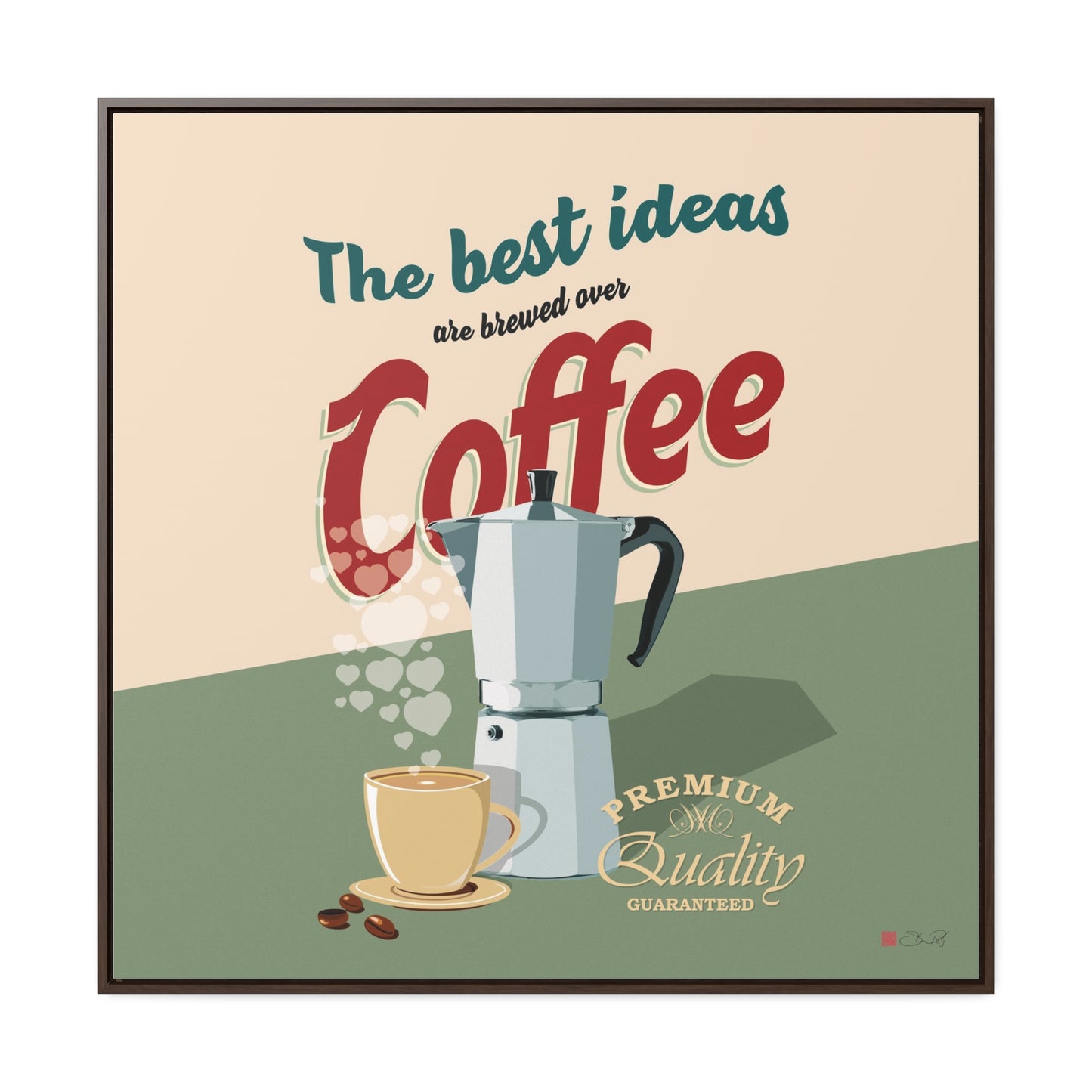 36x36" Framed Canvas Print: "The best ideas are brewed over coffee"