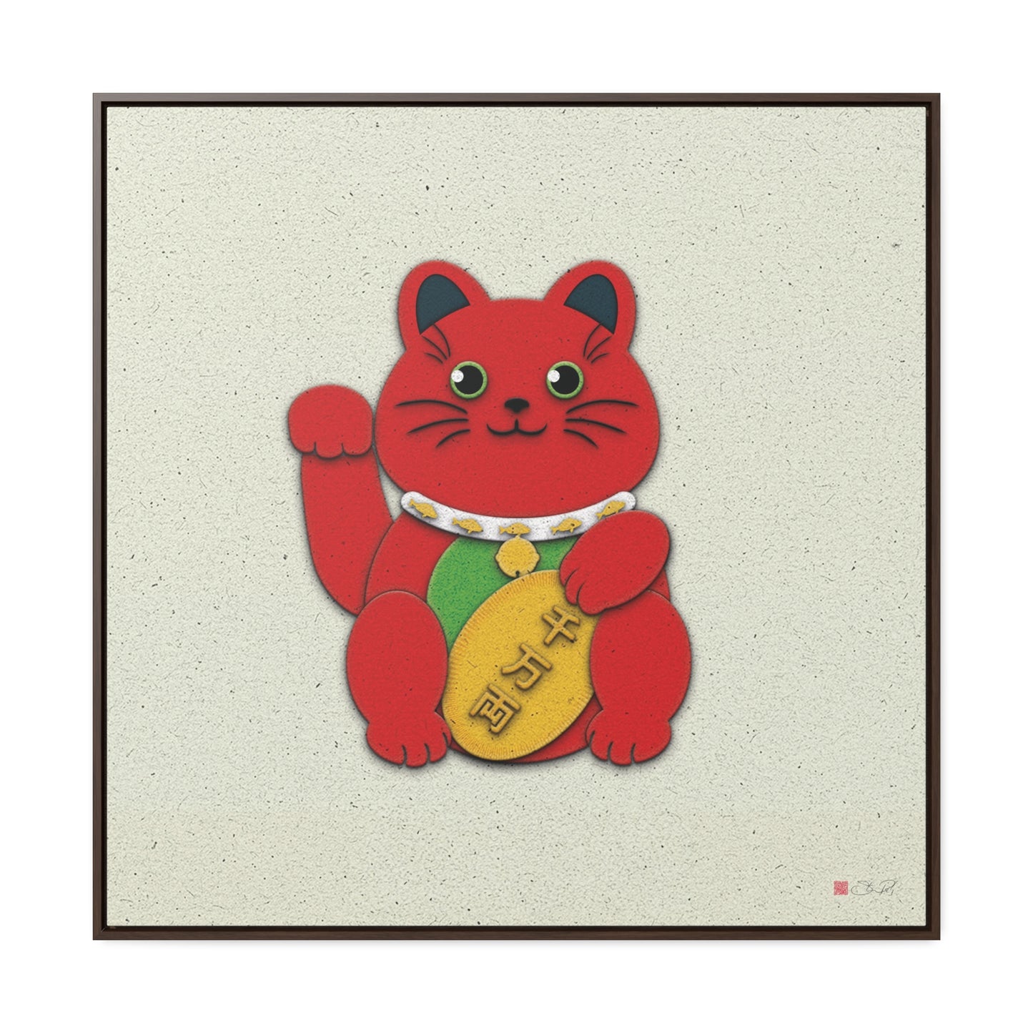 36x36" Framed Canvas Print: "Red Maneki-Neko"