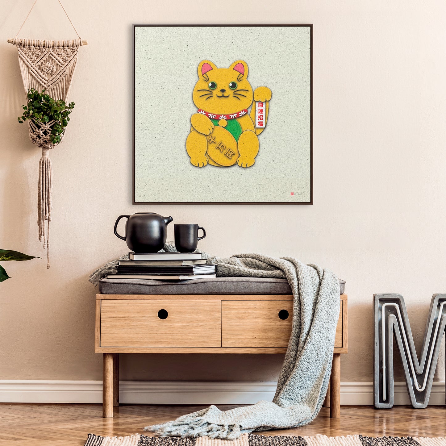 32x32" Framed Canvas: "Gold Left Paw Maneki-Neko"