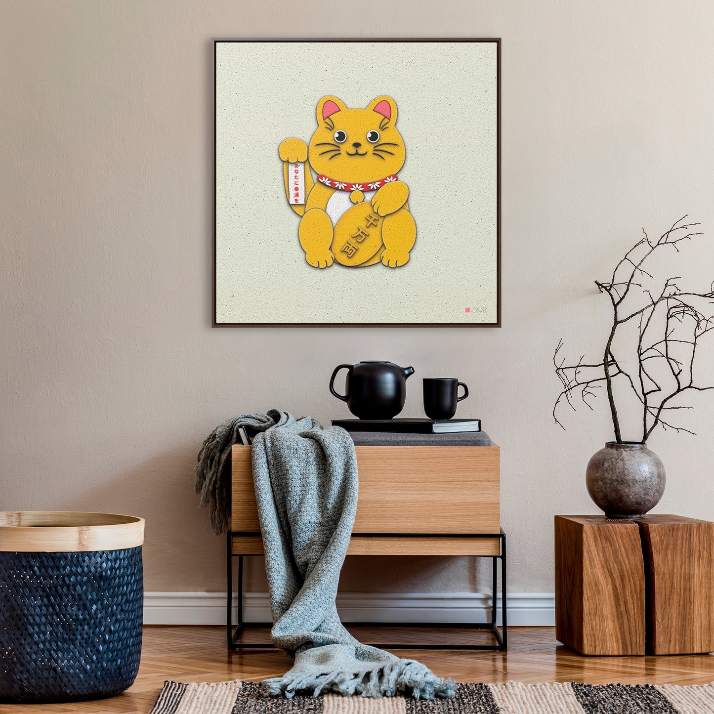 36x36" Framed Canvas Print: "Gold Right Paw Maneki-Neko"