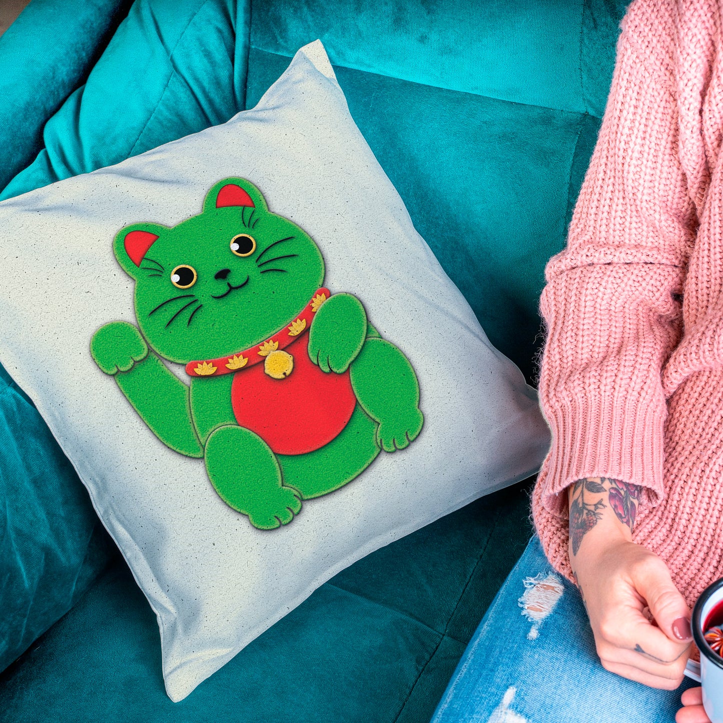 Green Maneki-Neko Spun Polyester Square Pillow