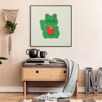 32x32" Framed Canvas: "Green Maneki-Neko"