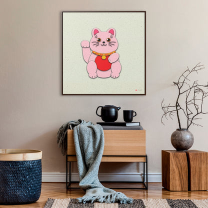 32x32" Framed Canvas: "Pink Maneki-Neko"