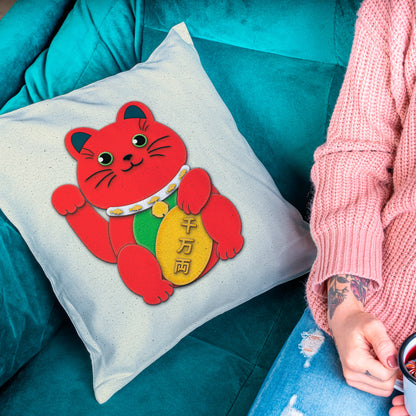 Red Maneki-Neko Spun Polyester Square Pillow