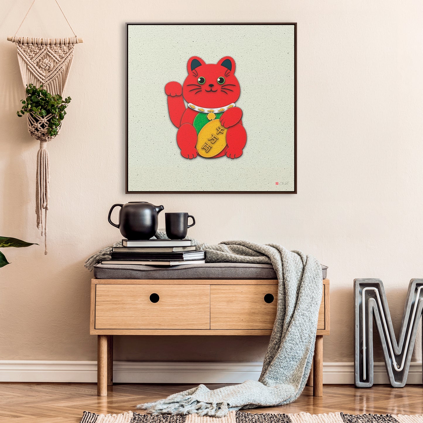 32x32" Framed Canvas: "Red Maneki-Neko"