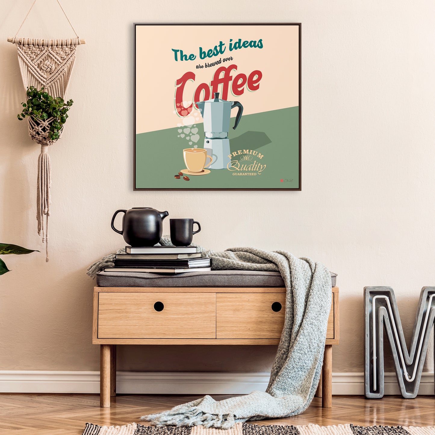 36x36" Framed Canvas Print: "The best ideas are brewed over coffee"