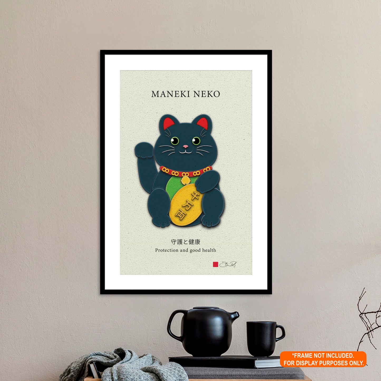 Black Maneki-Neko Kirigami Style Art Rolled Posters