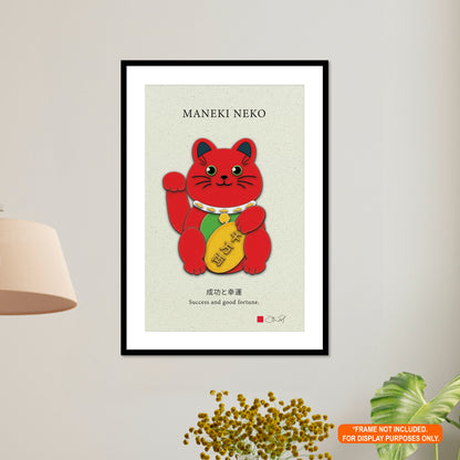 Red Maneki-Neko Kirigami Style Art Rolled Posters