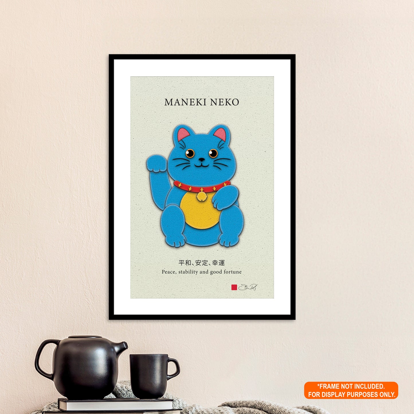 Blue Maneki-Neko Kirigami Style Art Rolled Posters