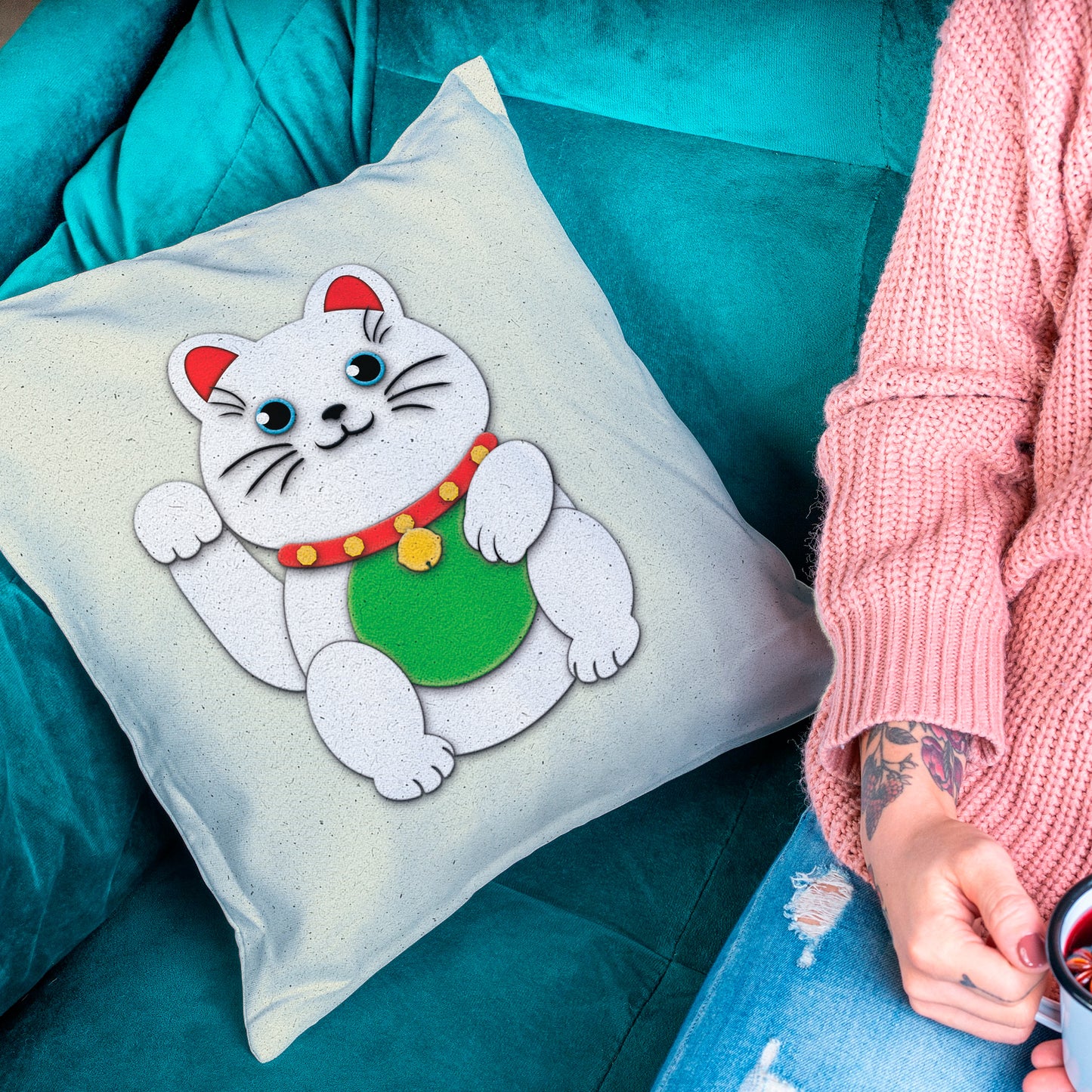 White Maneki-Neko - Throw Pillow