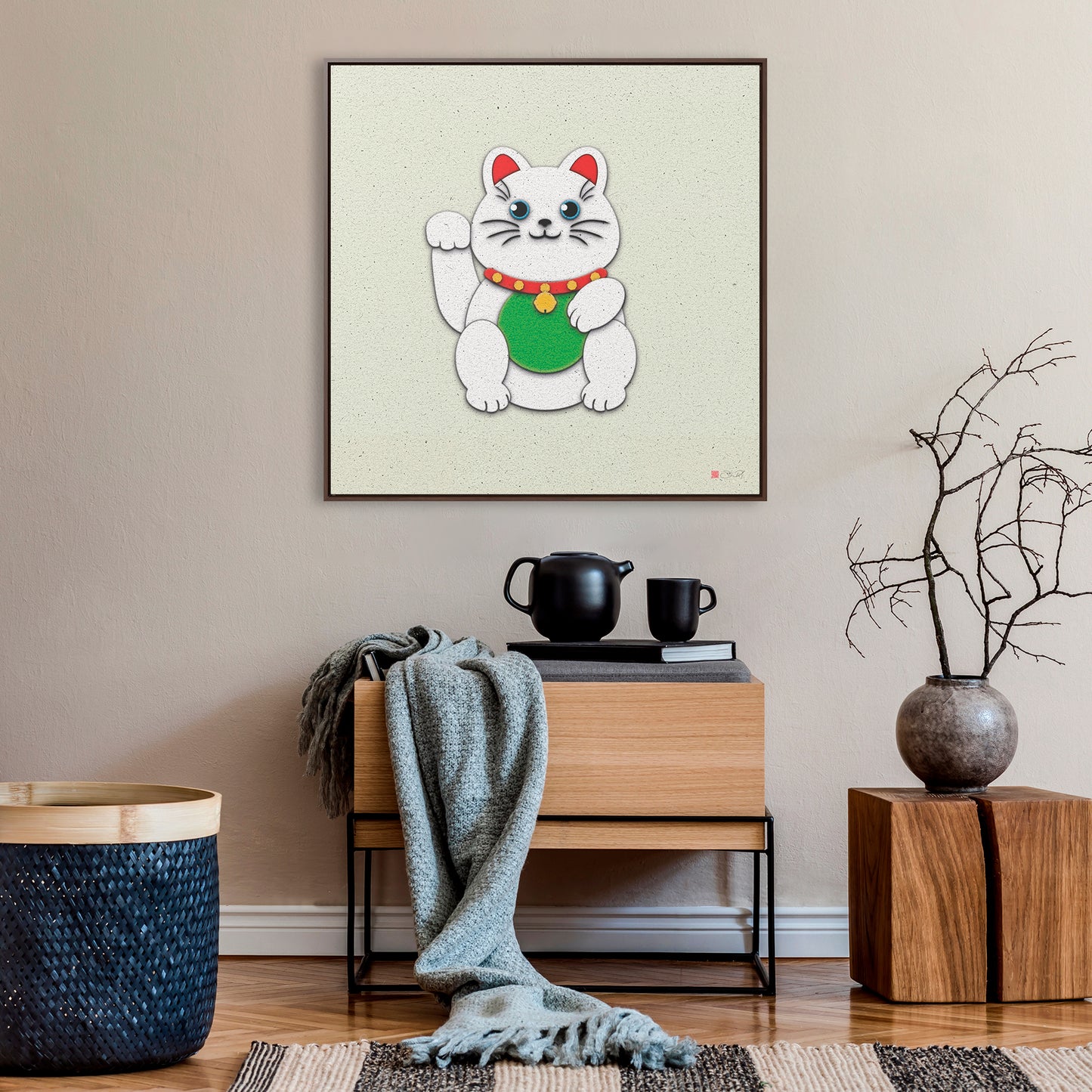 36x36" Framed Canvas Print: "White Maneki-Neko"