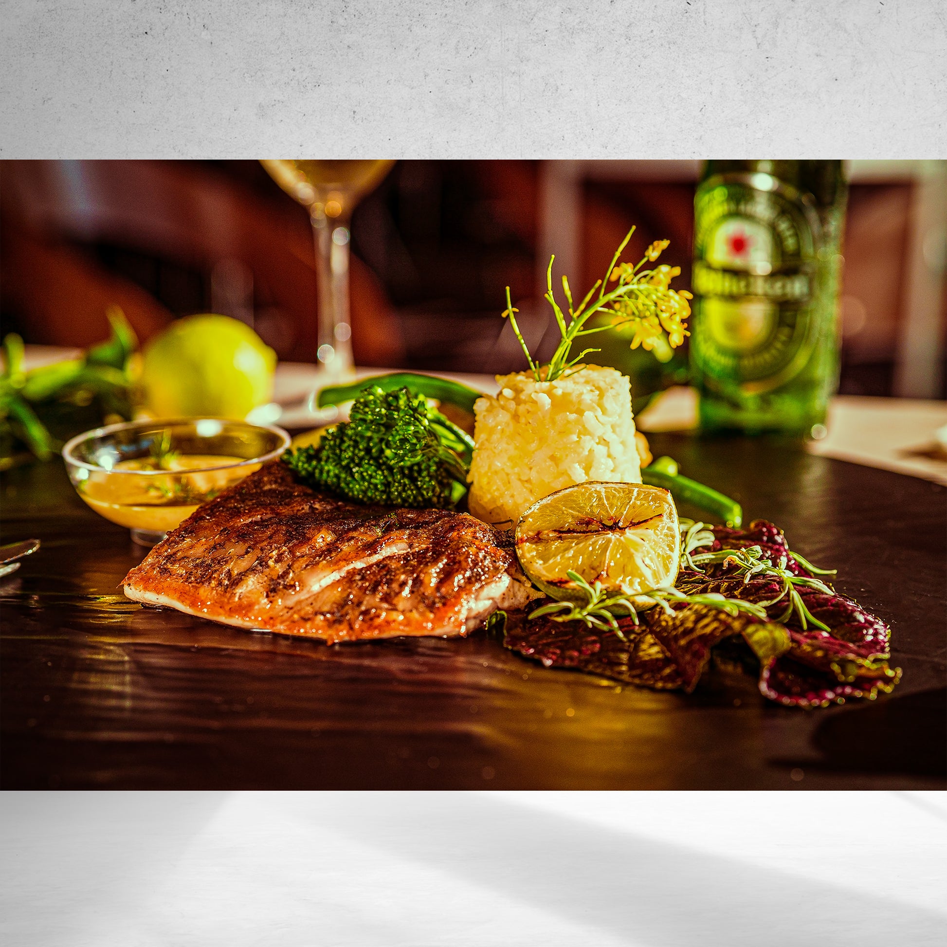 Grilled Salmon Dinner. Promotional food pic for cafe, resort or restaurant. - vrmediadecor.vrmedia.com.au