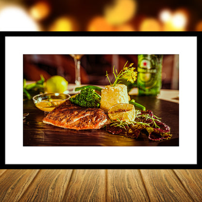 Grilled Salmon Dinner. Promotional food pic for cafe, resort or restaurant. - vrmediadecor.vrmedia.com.au