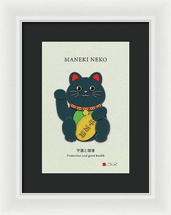 Black Maneki-Neko Warding Off Evil and Bringing Good Health - Framed Print