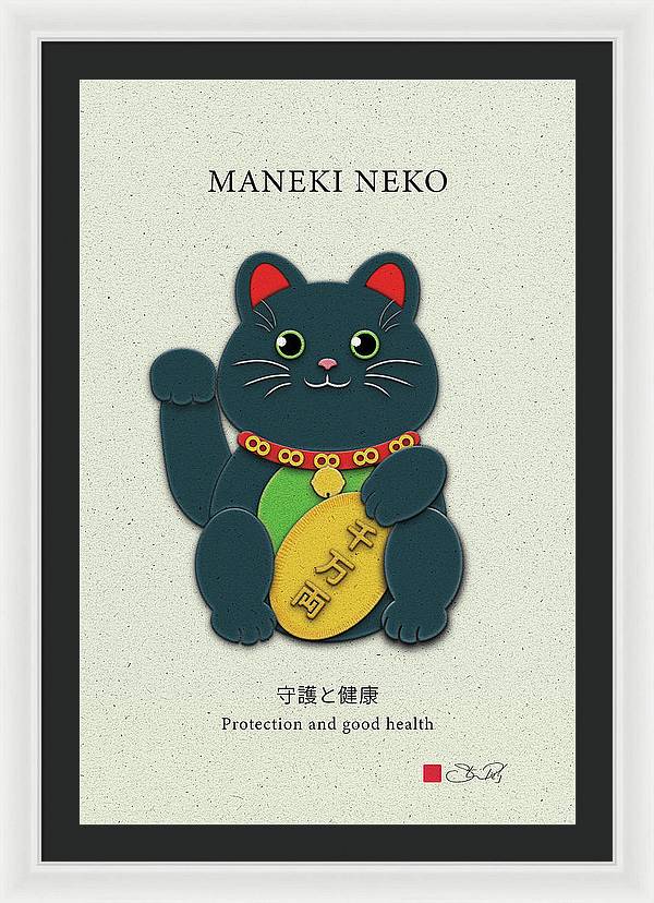 Black Maneki-Neko Warding Off Evil and Bringing Good Health - Framed Print