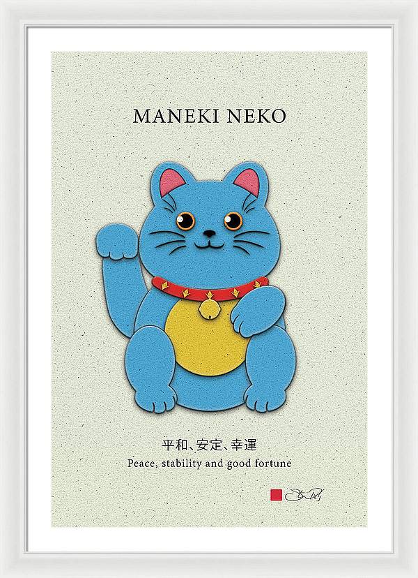 Blue Maneki-Neko Bringing Peace, Stability, and Good Fortune - Framed Print