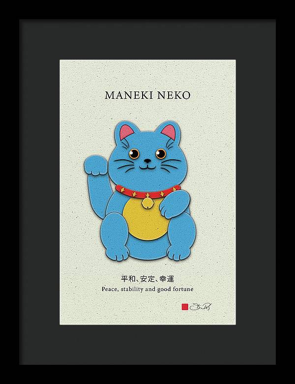 Blue Maneki-Neko Bringing Peace, Stability, and Good Fortune - Framed Print