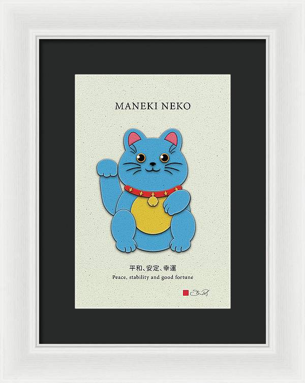 Blue Maneki-Neko Bringing Peace, Stability, and Good Fortune - Framed Print