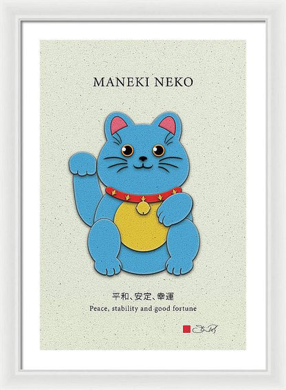 Blue Maneki-Neko Bringing Peace, Stability, and Good Fortune - Framed Print