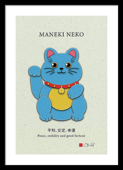 Blue Maneki-Neko Bringing Peace, Stability, and Good Fortune - Framed Print