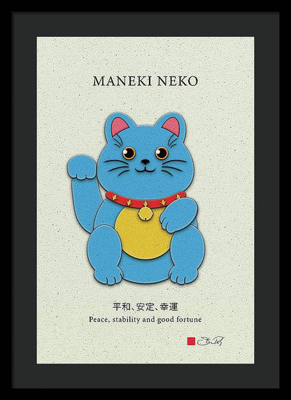 Blue Maneki-Neko Bringing Peace, Stability, and Good Fortune - Framed Print