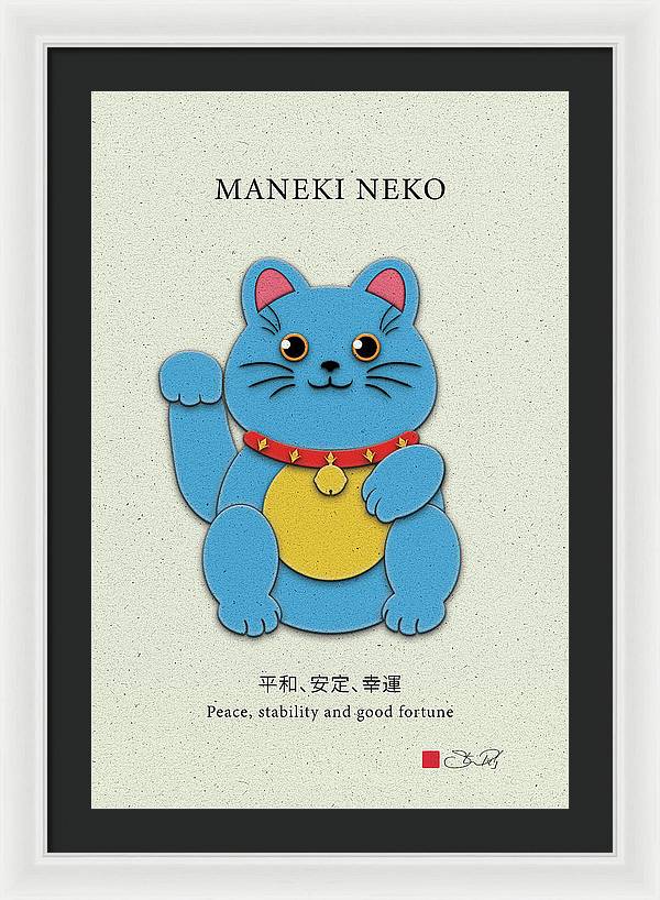 Blue Maneki-Neko Bringing Peace, Stability, and Good Fortune - Framed Print